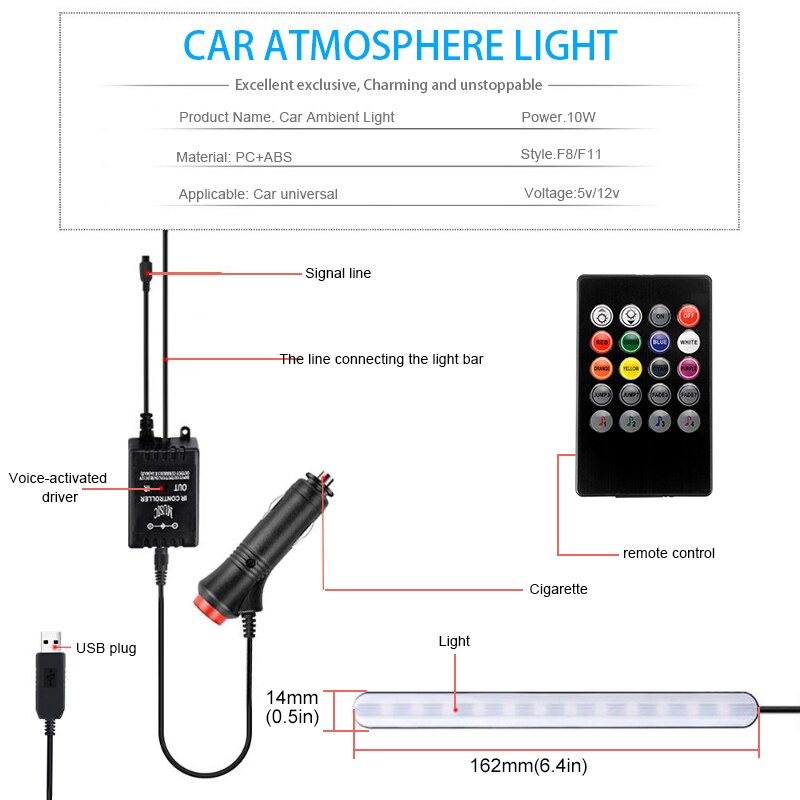 1Set Car Atmosphere Light Foot Light USB/Cigarette Lighter Remote Control Interior Decorative Ambient Floor LED decor Lamp