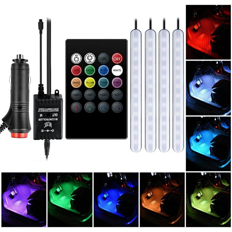 1Set Car Atmosphere Light Foot Light USB/Cigarette Lighter Remote Control Interior Decorative Ambient Floor LED decor Lamp