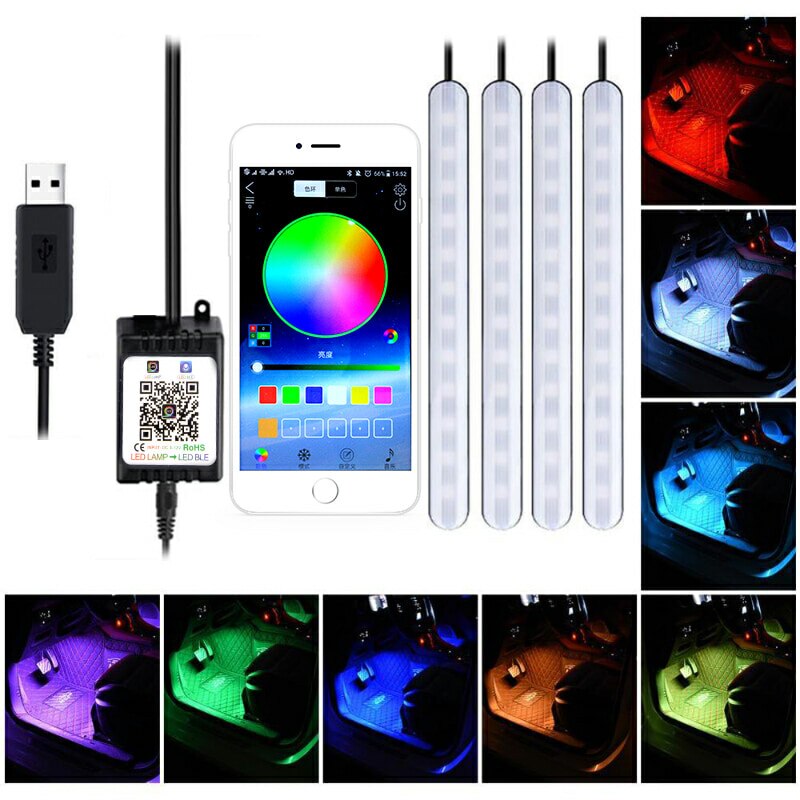 1Set Car Atmosphere Light Foot Light USB/Cigarette Lighter Remote Control Interior Decorative Ambient Floor LED decor Lamp