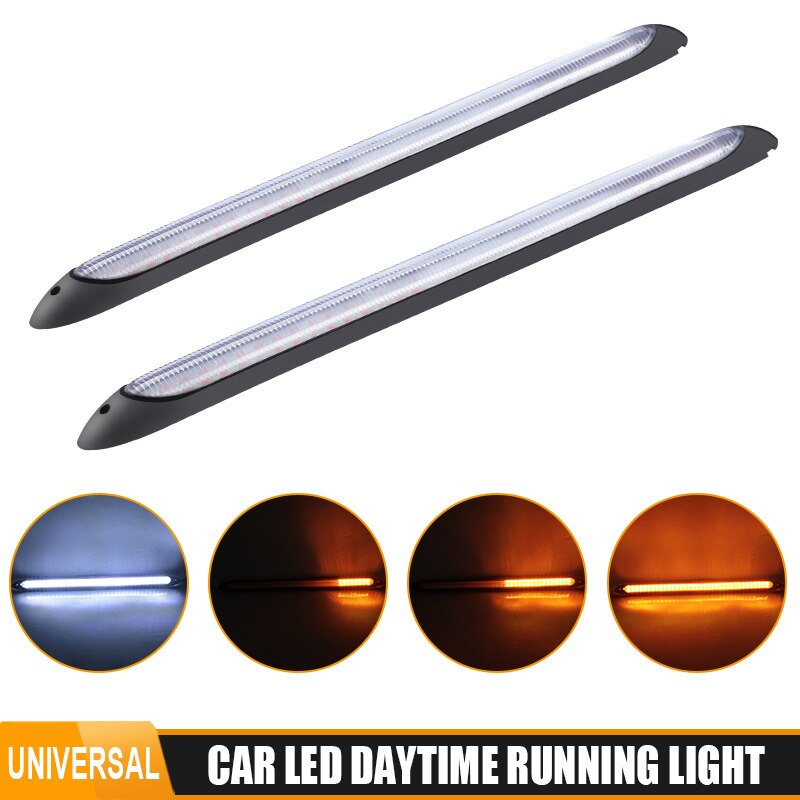 2pcs Universal Car LED Daytime Running Light Scan 24cm 28cm Headlight Strip Sequential Flow Yellow Turn Signal White DRL Light