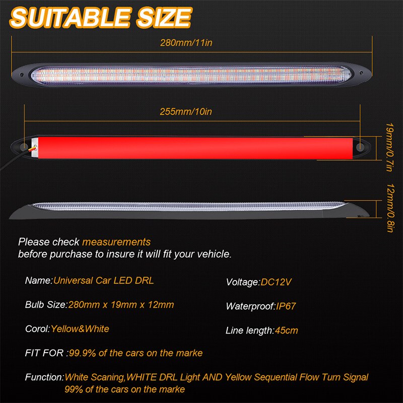 2pcs Universal Car LED Daytime Running Light Scan 24cm 28cm Headlight Strip Sequential Flow Yellow Turn Signal White DRL Light