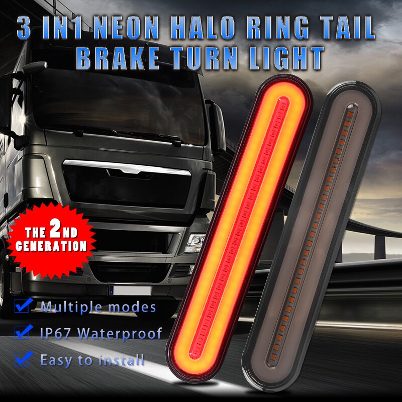 2x Waterproof LED Trailer Truck Brake Light 3 in1 Neon Halo Ring Tail Brake Sequential Flowing Turn Signal Light Lamp Auto LED