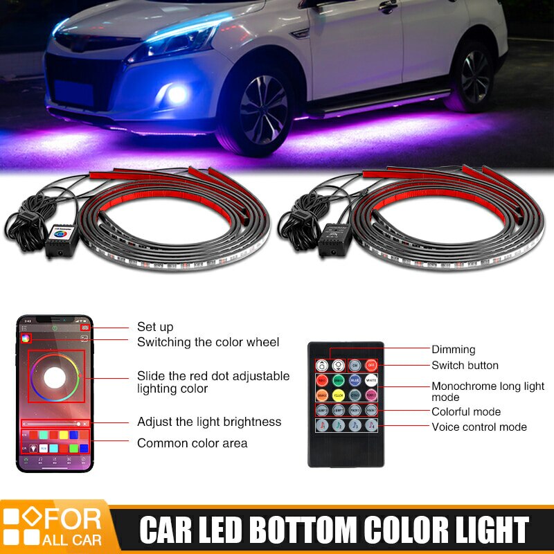 4pcs Car Underglow Flexible Strip LED RGB Underglow APP/Remote Control Underbody System Neon Light Decorative Atmosphere Lamp