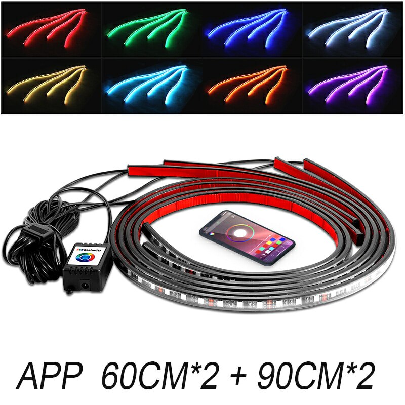 4pcs Car Underglow Flexible Strip LED RGB Underglow APP/Remote Control Underbody System Neon Light Decorative Atmosphere Lamp