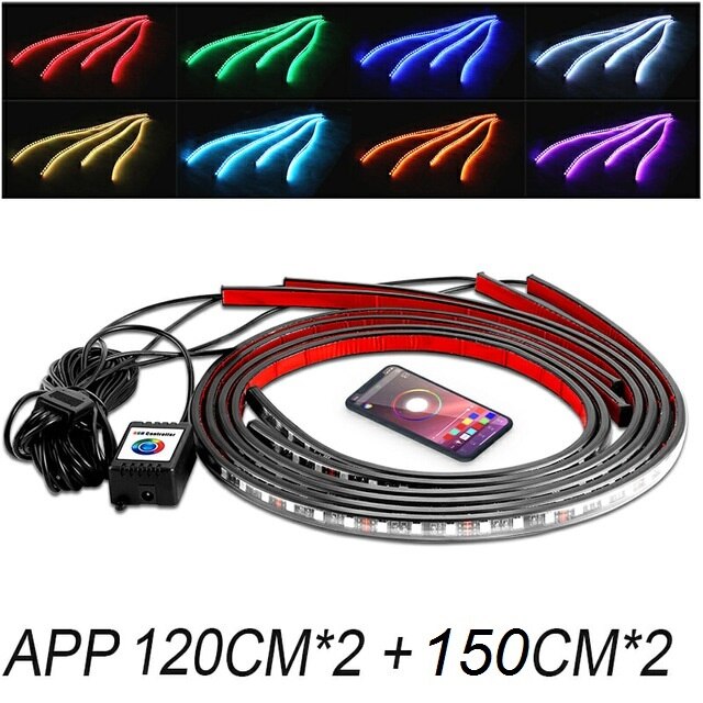 4pcs Car Underglow Flexible Strip LED RGB Underglow APP/Remote Control Underbody System Neon Light Decorative Atmosphere Lamp