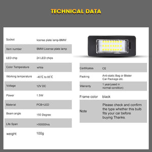 A pair 24 SMDs LED License Plate Light White For BMW E82/E88 E90 E91 E92 E93 M3 E39 M5 E60 Error free Resistor Bright 12V 6000K